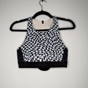 Brooks Sports Bra Black White Checkered Mesh Open Back Removable Pads Size 36A